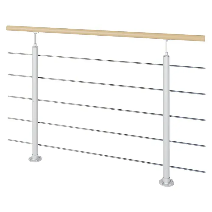 Sogem Balaustrada Interio - 150 x 102 cm, Acero inoxidable, Plateado - Barandilla con pasamanos de madera y barras horizontales plateadas, una protección contra caídas elegante y moderna para interiores.