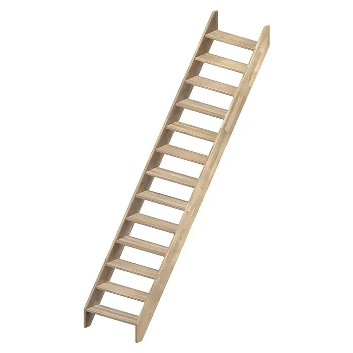 Sogem Escalera principal Ardennes - Roble, Ancho: 70 cm, Recto, Altura de planta: 285 cm - Imagen vertical de una escalera de madera clara ideal para el ático, con escalones y soportes laterales bien visibles.