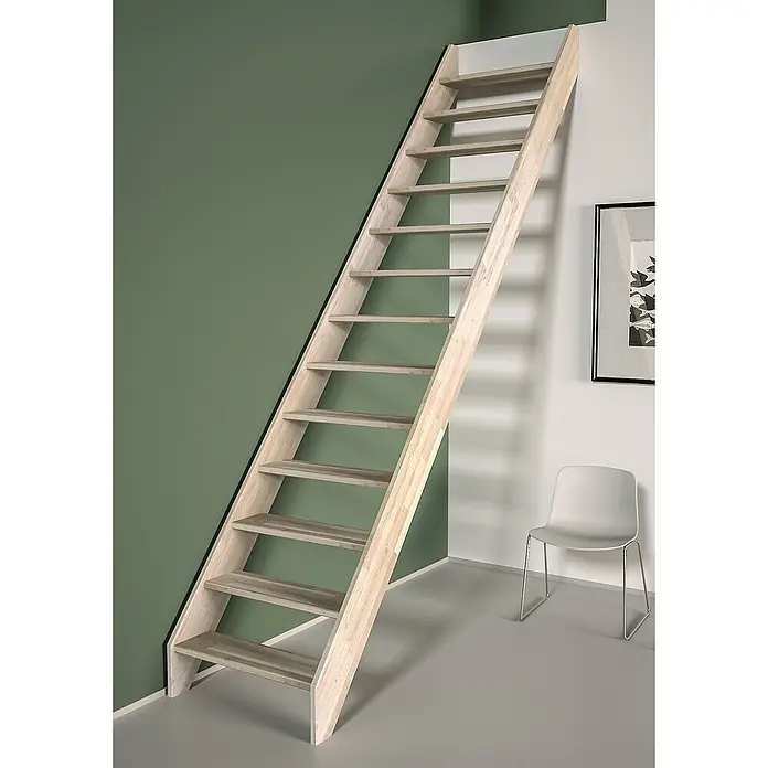 Sogem Escalera principal Ardennes - Roble, Ancho: 70 cm, Recto, Altura de planta: 285 cm - La escalera de madera clara, con su diseño sencillo, se integra perfectamente en la habitación y ofrece una solución práctica para acceder a niveles superiores.