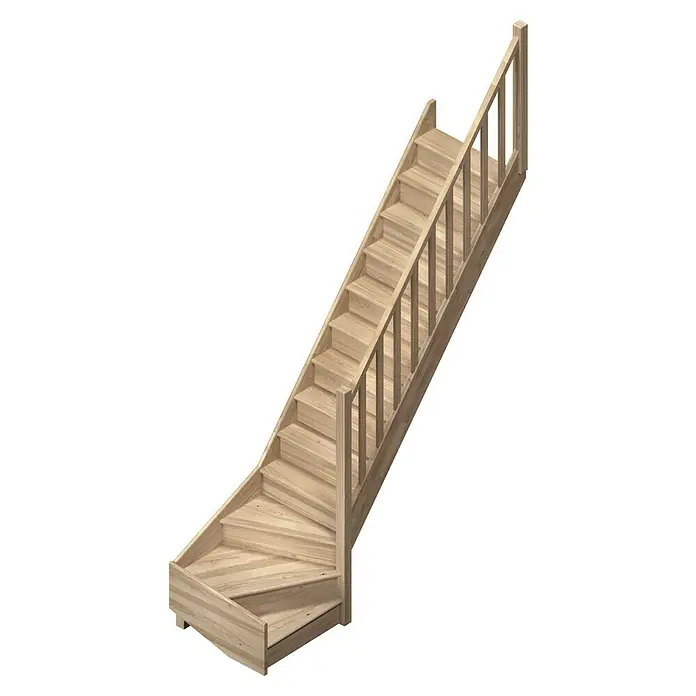 Sogem Escalera principal Tradi Eco - Roble, Ancho: 80 cm, 1/4 espiral derecha, Altura de planta: 285 cm - Escalera de madera con barandilla, girando hacia la izquierda, ofreciendo un diseño elegante para interiores.