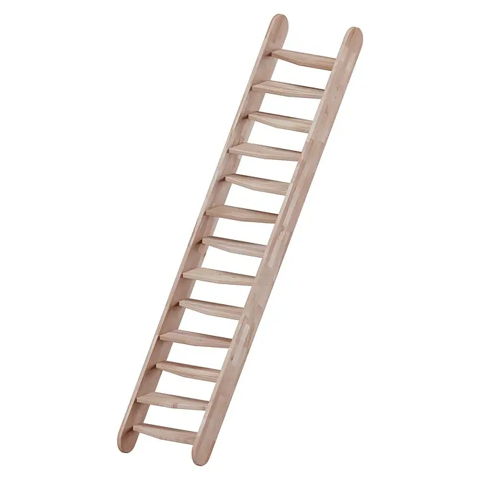 Sogem Escalera principal Osaka - Haya, Ancho: 60 cm, Altura de planta: 230 cm, Sin barandilla - Una escalera de madera con bordes redondeados y peldaños anchos sobre un fondo negro. La escalera es de color marrón claro y tiene 12 peldaños.