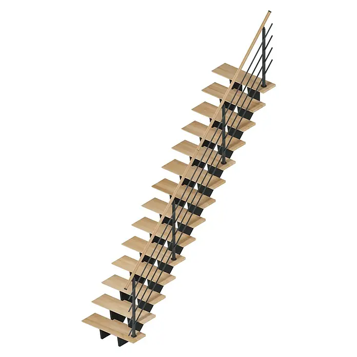 Sogem Escalera principal Biax - Haya, Ancho: 85 cm, Recto, Altura de planta: 300 cm - Una escalera minimalista con peldaños de madera clara y una barandilla negra y moderna. La escalera tiene un diseño limpio y elegante.