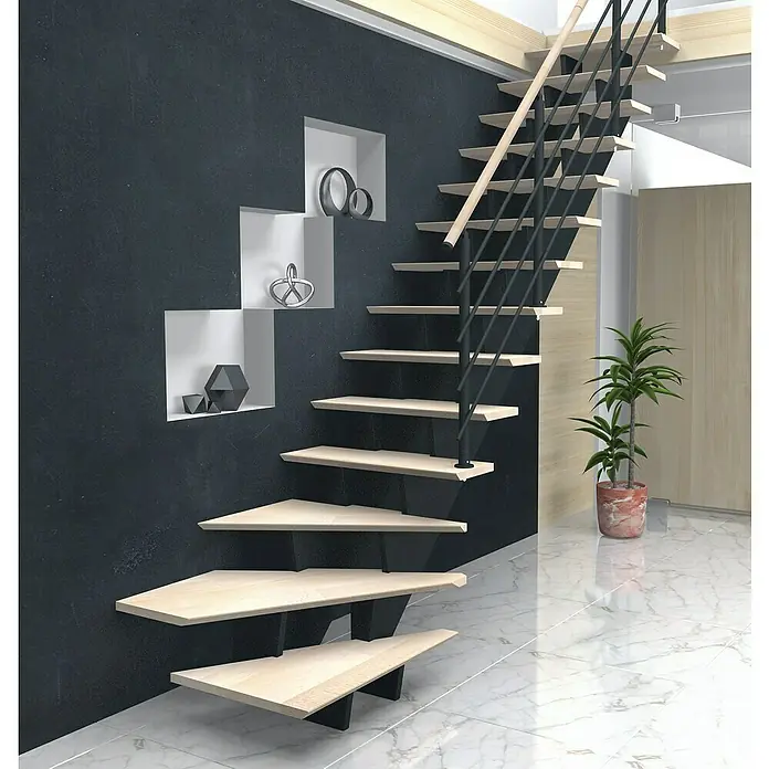 Sogem Escalera principal Biax - Haya, Ancho: 85 cm, 1/4 espiral derecha, Altura de planta: 300 cm - Escalera moderna con peldaños de madera en voladizo y barandilla negra fijada a una pared oscura con nichos, creando un interior elegante.