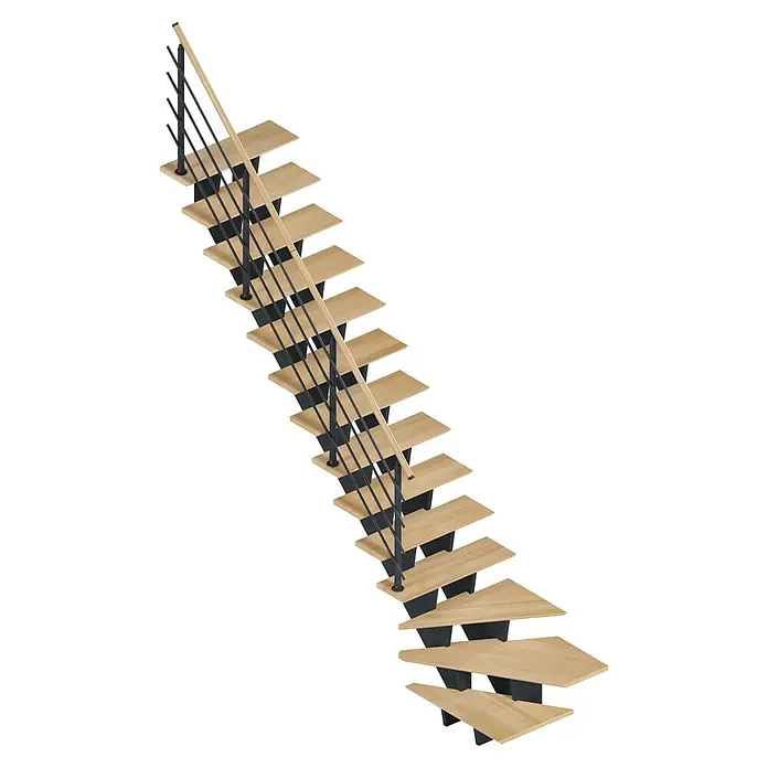 Sogem Escalera principal Biax - Haya, Ancho: 85 cm, 1/4 espiral izquierda, Altura de planta: 300 cm - Elegante escalera con peldaños de madera clara y una barandilla negra moderna, perfecta para cualquier interior.