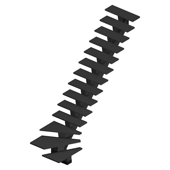 Sogem Escalera principal Gomera - Negro, Ancho: 85 cm, 1/4 espiral derecha, Altura de planta: 285,2 cm - Una escalera negra estilizada en un renderizado tridimensional, que transmite una estética moderna y minimalista para el diseño.