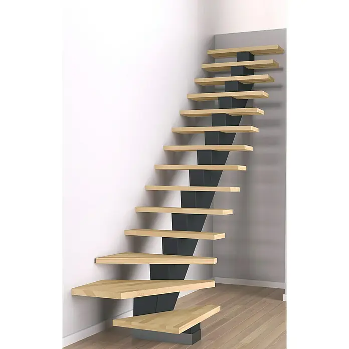 Sogem Escalera principal Gomera - Haya, Ancho: 85 cm, 1/4 espiral derecha, Altura de planta: 285,2 cm - Una escalera moderna con peldaños de madera clara y un soporte central oscuro, que asciende en una habitación luminosa.
