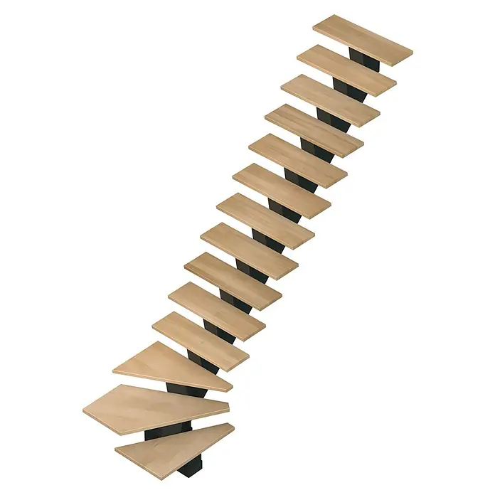 Sogem Escalera principal Gomera - Haya, Ancho: 85 cm, 1/4 espiral derecha, Altura de planta: 285,2 cm - Escalera de caracol de madera clara con soportes negros. Ideal para espacios pequeños, diseño moderno y solución que ahorra espacio.