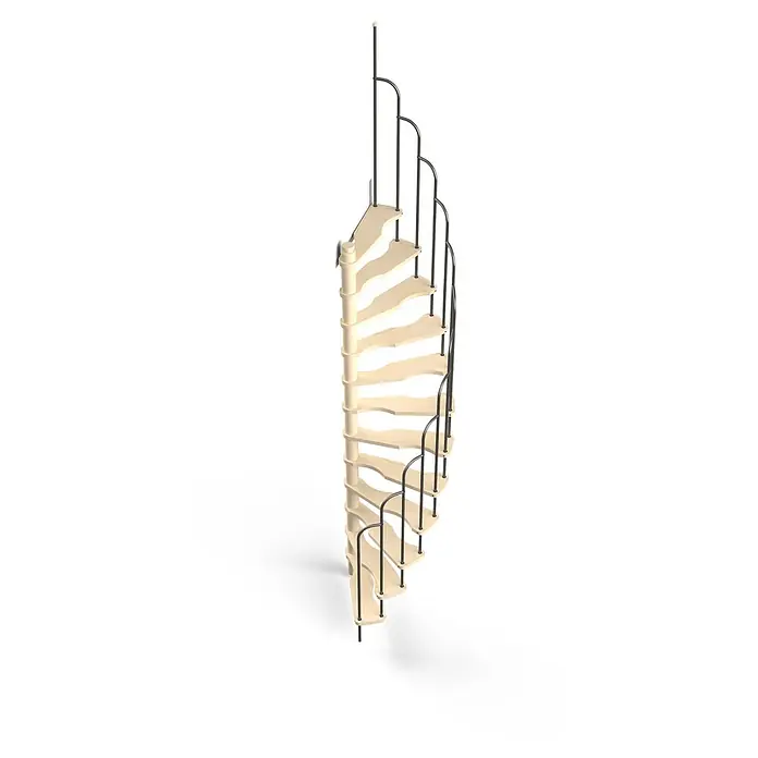 Sogem Escalera de caracol Saturne - Abeto, Diámetro: 120 cm, Negro, Altura de planta: 299 cm - Una elegante escalera de caracol con peldaños de color claro y una barandilla oscura, que presenta un elemento de diseño elegante en la habitación.