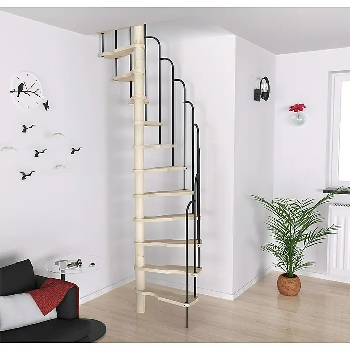 Sogem Escalera de caracol Saturne - Abeto, Diámetro: 120 cm, Negro, Altura de planta: 299 cm - Vista de una habitación con una escalera de caracol de madera clara con balaustres negros, integrada en el interior.