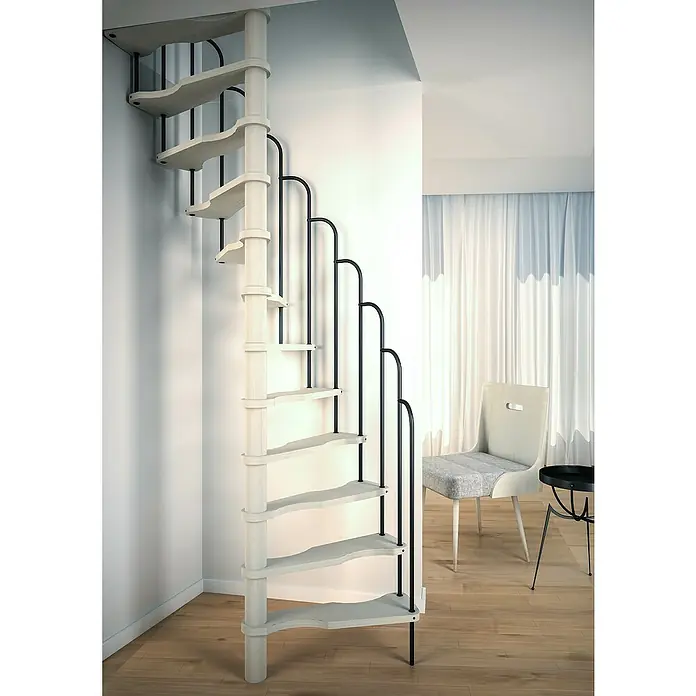 Sogem Escalera de caracol Saturne - Abeto, Diámetro: 120 cm, Negro, Altura de planta: 299 cm - Elegante escalera de caracol hecha de madera clara y metal negro. El diseño moderno de la escalera encaja perfectamente en salas de estar luminosas con suelos de madera.