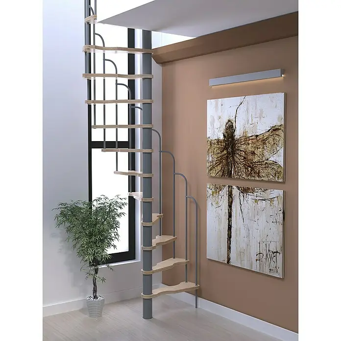 Sogem Escalera de caracol Kronos - Haya, Diámetro: 120 cm, Gris, Altura de planta: 299 cm - La elegante escalera de caracol de madera y metal es un detalle arquitectónico elegante que realza el espacio. La escalera tiene un diseño minimalista.