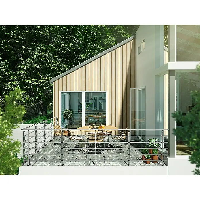 Sogem Balaustrada Pure Titanium - 150 x 102 cm, Aluminio, Gris - Patio acogedor con barandilla plateada, zona de estar al aire libre y exuberante entorno verde, ideal para relajarse y disfrutar de la naturaleza.