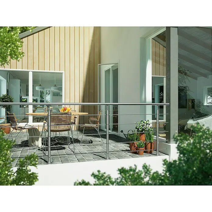 Sogem Balaustrada Harmony - 150 x 102 cm, Acero inoxidable, Plateado - Esta imagen muestra una elegante terraza con una moderna barandilla de acero inoxidable y cómodos muebles de jardín para relajarse al aire libre.