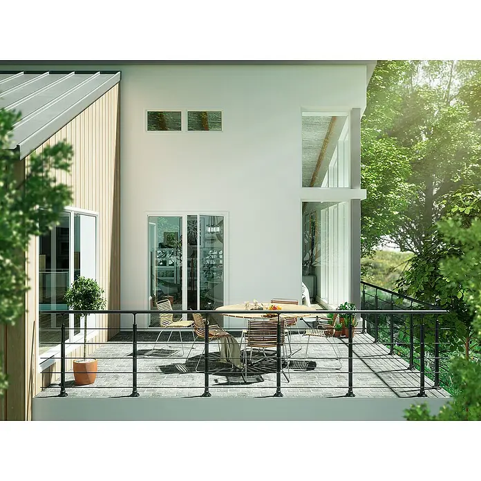 Sogem Balaustrada Clean - 250 x 102 cm, Aluminio, Negro - Elegante diseño de terraza con muebles de exterior y exuberante vegetación. Ideal para relajarse al aire libre con barandilla moderna y naturaleza.