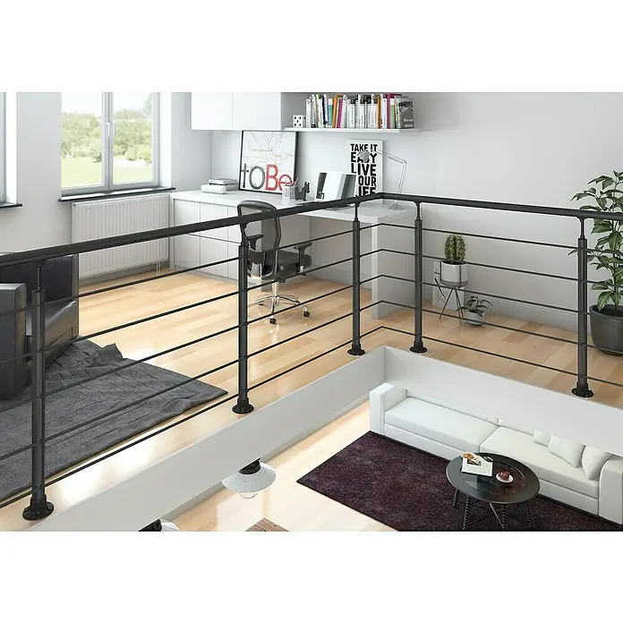 Sogem Balaustrada Clean - 250 x 102 cm, Aluminio, Negro - Una vista moderna de la barandilla de la escalera con barras de metal negro, que garantiza una transición segura entre los niveles de vivienda. Su estética se adapta al espacio.