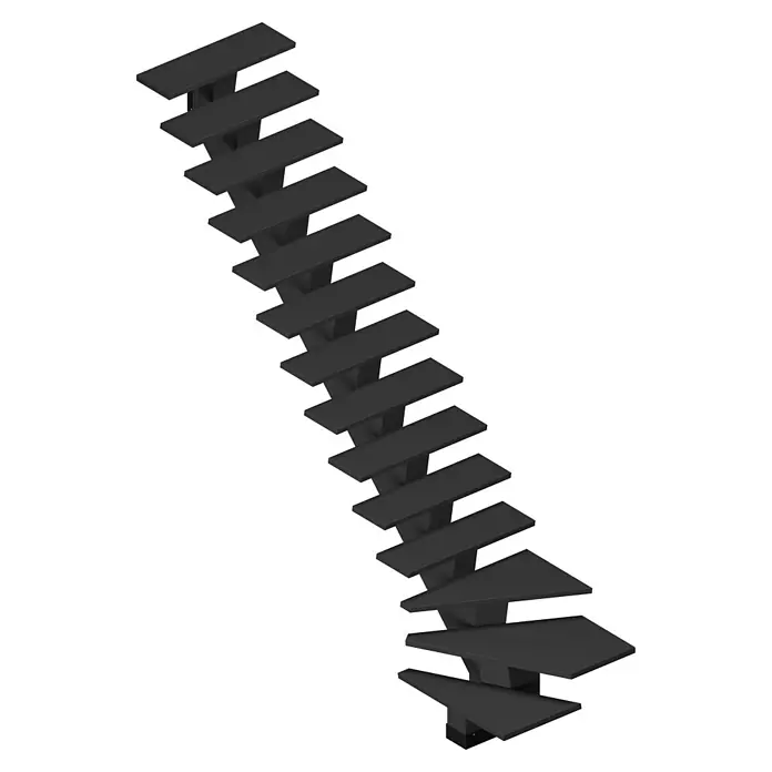 Sogem Escalera principal Gomera - Negro, Ancho: 85 cm, 1/4 espiral izquierda, Altura de planta: 285,2 cm - Escalera oscura: Una escalera en forma de huso con escalones grises y un fondo oscuro que ofrece un contraste óptico.
