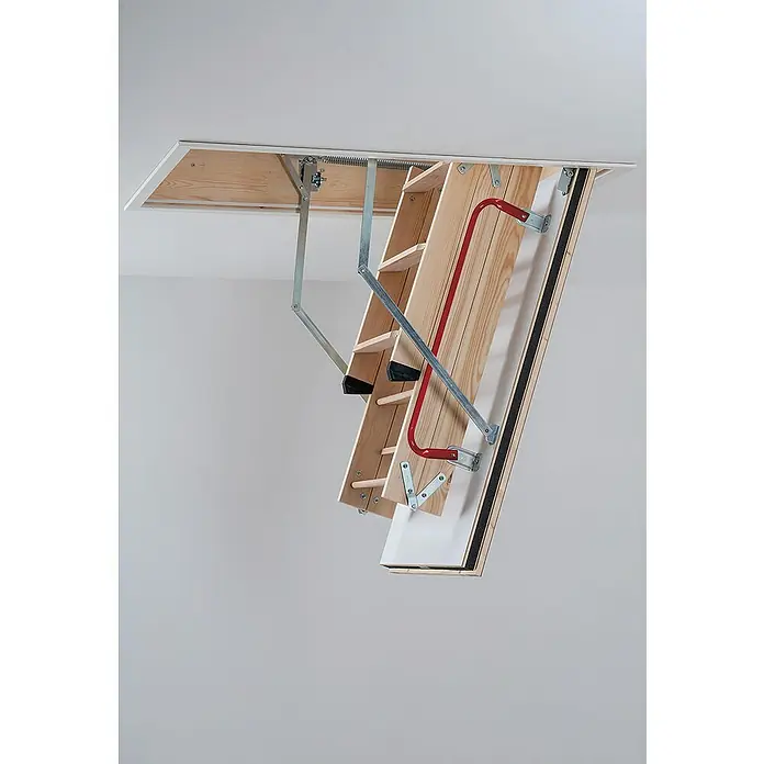 Sogem Escalera escamoteable Fire Pro REI45 - Aislamiento térmico: 1,2 W/(m²K) - Escalera de ático de madera y metal con mango rojo que se baja del techo.