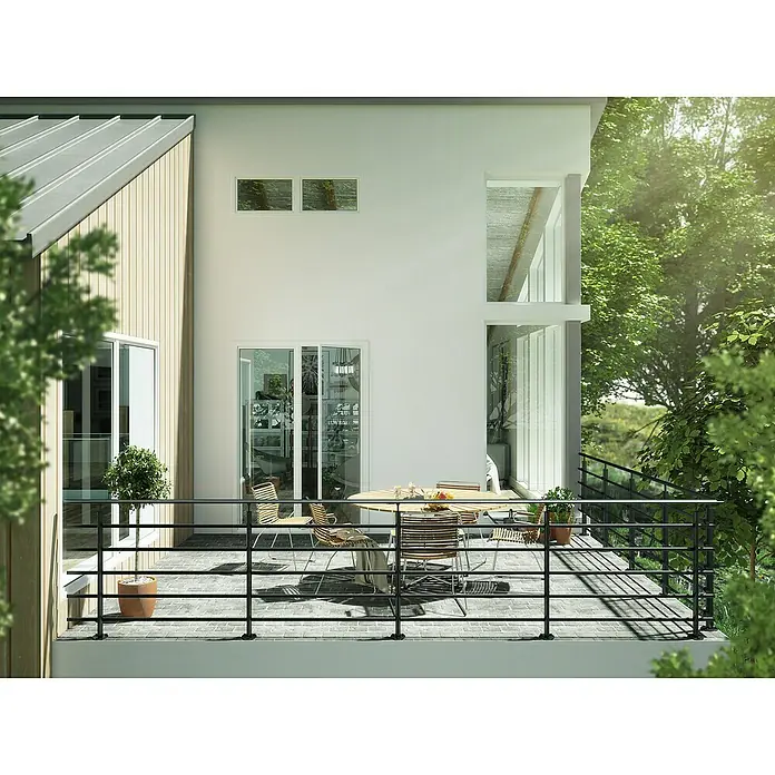 Sogem Balaustrada Pure Black - 250 x 102 cm, Aluminio, Negro - Elegante patio con modernos muebles de exterior y diseño minimalista, que invita a relajarse al aire libre.