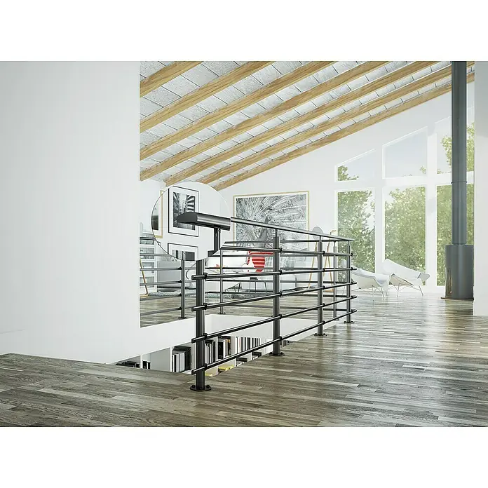 Sogem Balaustrada Pure Black - 250 x 102 cm, Aluminio, Negro - La imagen muestra un interior moderno con una elegante barandilla negra en foco, que acentúa la arquitectura contemporánea del espacio.