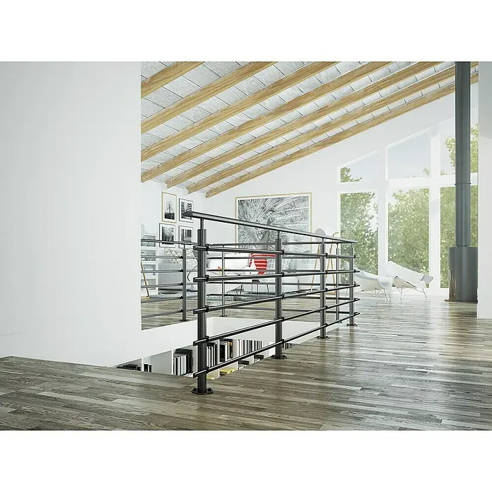 Sogem Balaustrada Pure Black - 150 x 102 cm, Aluminio, Negro - Interior moderno que muestra una elegante barandilla de escalera metálica que enfatiza las líneas limpias de la habitación y seguridad.