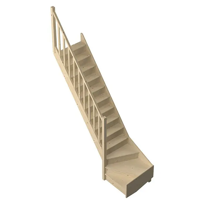 Sogem Escalera principal Tradi Eco - Abeto, Ancho: 80 cm, 1/4 espiral izquierda, Altura de planta: 285 cm - Esta escalera de madera con barandilla es robusta y estable. Es ideal para uso en interiores y ofrece un soporte seguro al subir y bajar.
