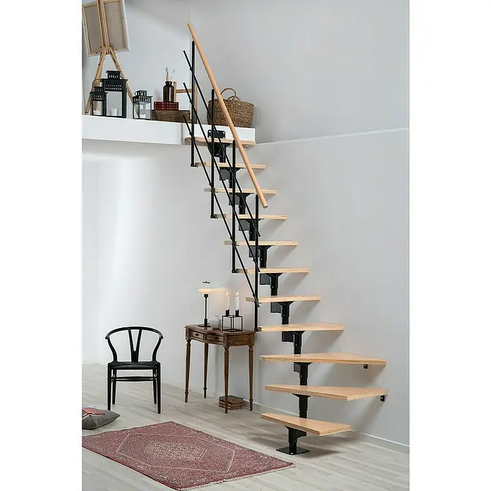 Sogem Escalera principal Lyon - Haya, Ancho: 71 mm, Variable - La elegante escalera de madera clara y metal negro añade un toque moderno a la habitación. Perfecta para espacios pequeños.