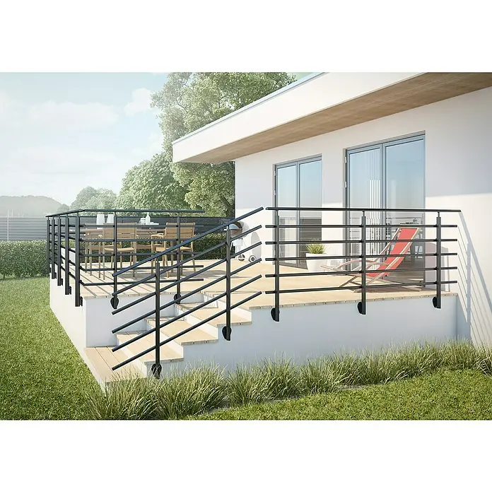 Sogem Balaustrada Pure Black lateral - 150 x 102 cm, Aluminio, Negro - Imagen de una terraza moderna con una barandilla negra que se extiende sobre las escaleras, creando un ambiente elegante y contemporáneo.