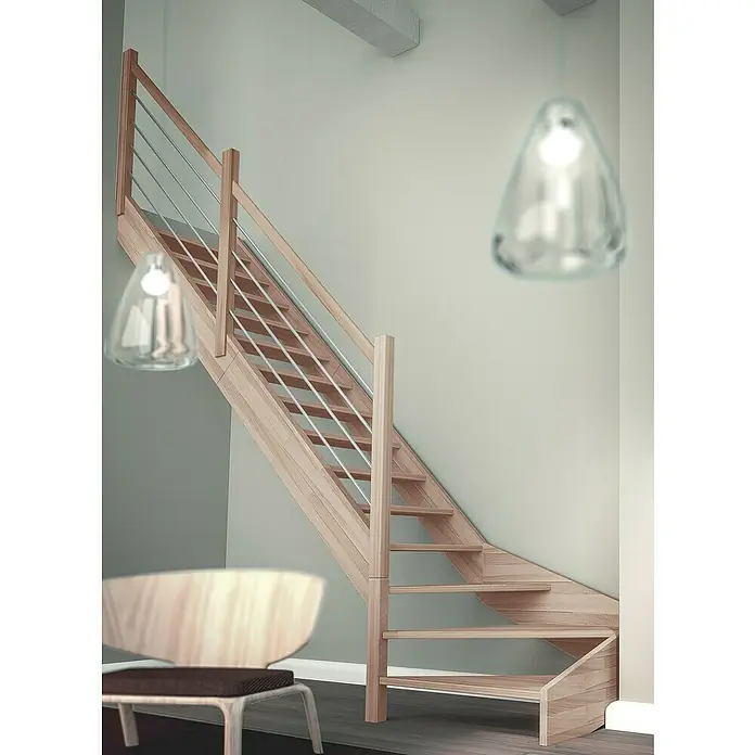 Sogem Escalera principal Nevada - Color peldaños: Haya, Ancho: 82 cm, 1/4 espiral izquierda, Altura de planta: 285 cm - Escalera de madera clara con barandilla de acero inoxidable de diseño moderno. La escalera ahorra espacio y se integra bien en la habitación.