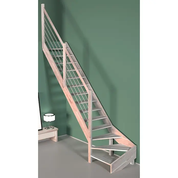 Sogem Escalera principal Nevada - Color peldaños: Haya, Ancho: 82 cm, 1/4 espiral izquierda, Altura de planta: 285 cm - Una escalera moderna de madera con barandilla de metal en una habitación con paredes pintadas de verde.