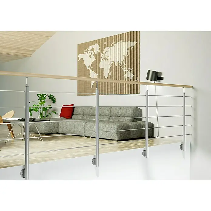 Sogem Balaustrada Interio lateral - 150 x 102 cm, Acero, Plateado - Una elegante barandilla de escalera con pasamanos de madera y cables de acero inoxidable que combina diseño moderno y seguridad.