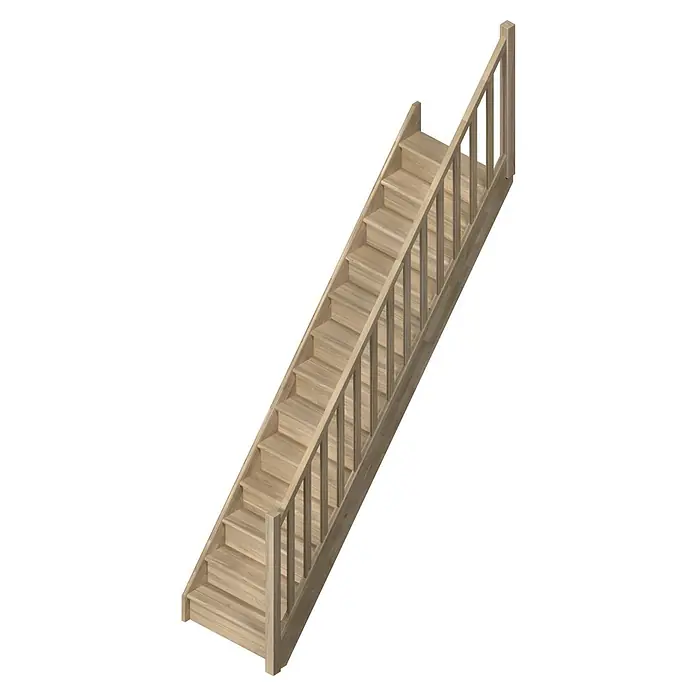 Sogem Escalera principal Tradi Eco - Roble, Ancho: 80 cm, Recto, Altura de planta: 285 cm - Escalera de madera con barandilla sobre fondo negro, ideal para interiores. Conecta pisos con estilo y seguridad.