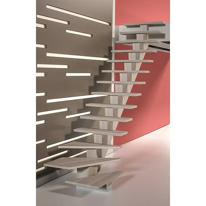 Sogem Escalera principal Kalea - Apache Grey, Ancho: 85 cm, 1/4 espiral derecha, Altura de planta: 285,2 cm - Escalera moderna con peldaños en voladizo y un panel de pared gris con ranuras de luz horizontales.
