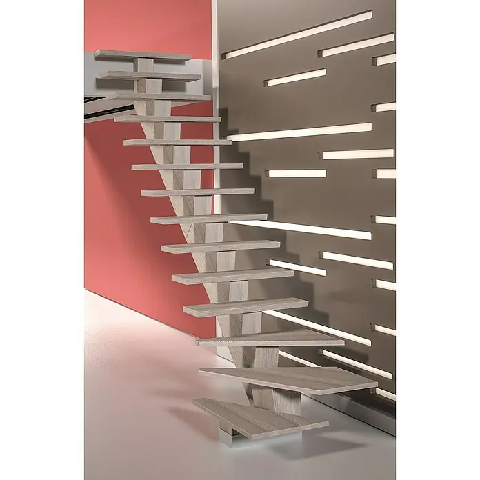 Sogem Escalera principal Kalea - Apache Grey, Ancho: 85 cm, 1/4 espiral izquierda, Altura de planta: 285,2 cm - Elegante escalera con peldaños flotantes y diseño de pared elegante.
