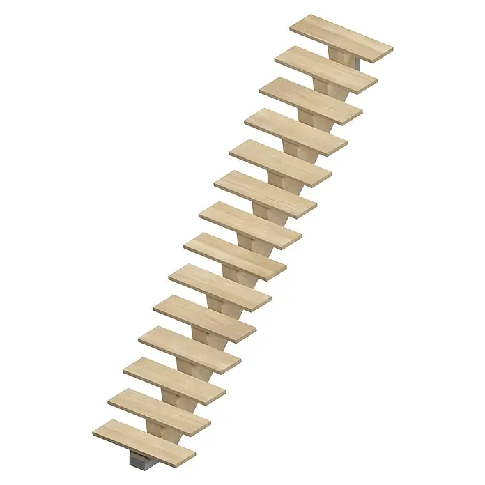 Sogem Escalera principal Kalea - Sioux White, Ancho: 85 cm, Recto, Altura de planta: 285,2 cm - Ilustración de una escalera de madera con peldaños de color claro que asciende en un entorno oscuro.