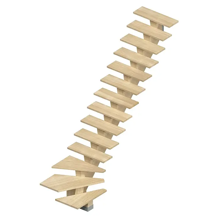 Sogem Escalera principal Kalea - Sioux White, Ancho: 85 cm, 1/4 espiral derecha, Altura de planta: 285,2 cm - Primer plano de una moderna escalera de madera en voladizo con un diseño minimalista de escalones flotantes que aúnan elegancia y funcionalidad.