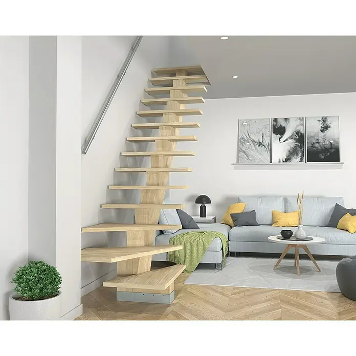 Sogem Escalera principal Kalea - Sioux White, Ancho: 85 cm, 1/4 espiral derecha, Altura de planta: 285,2 cm - Una moderna escalera de madera en voladizo con un diseño minimalista, integrada en un salón luminoso, que añade un toque elegante al espacio.