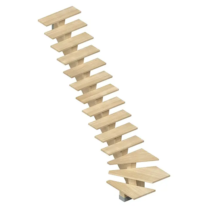 Sogem Escalera principal Kalea - Sioux White, Ancho: 85 cm, 1/4 espiral izquierda, Altura de planta: 285,2 cm - Una moderna escalera de madera clara, que sube en espiral, mostrando un diseño minimalista y contemporáneo.