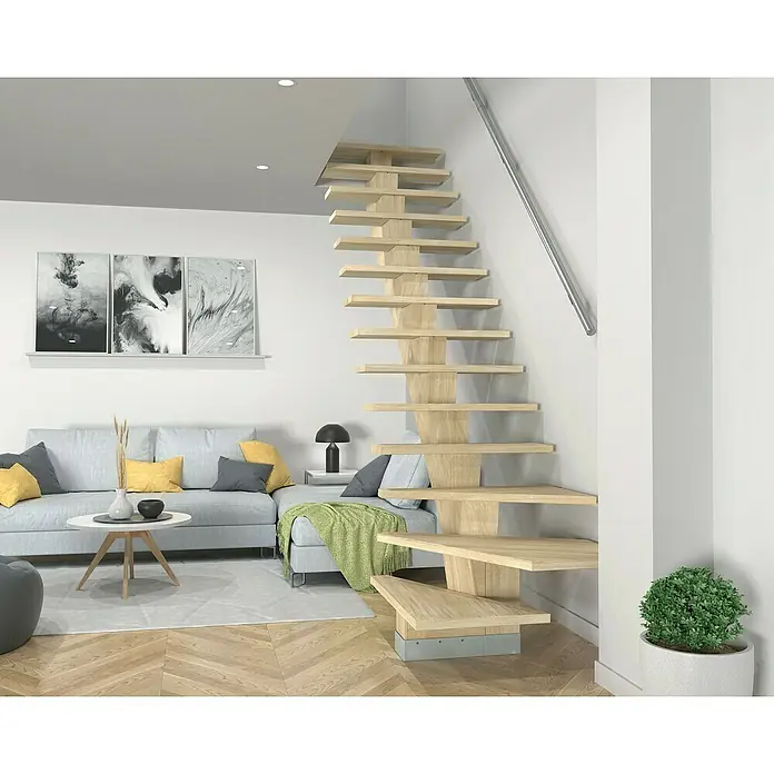 Sogem Escalera principal Kalea - Sioux White, Ancho: 85 cm, 1/4 espiral izquierda, Altura de planta: 285,2 cm - La moderna escalera de madera clara se integra perfectamente en la elegante sala de estar, ofreciendo un ascenso elegante con diseño minimalista.