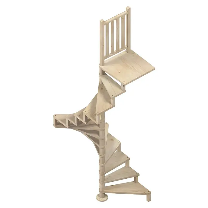 Sogem Escalera de caracol Square Wood - Diámetro: 120 cm, Color peldaños: Abeto, Altura de planta: 300 cm, Sin barandilla - Una escalera de madera clara con un diseño en espiral, coronada con una pequeña plataforma y barandilla.