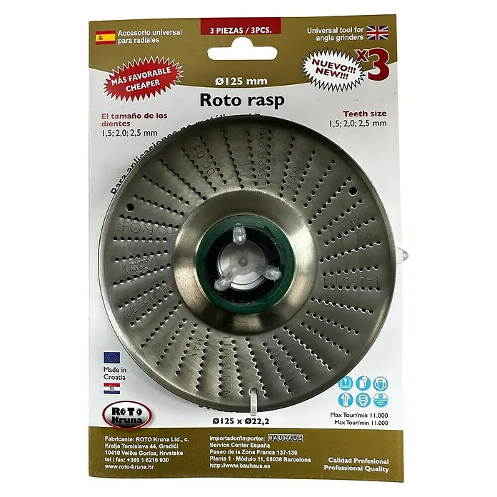 Roto Kruna Disco escofina - Diámetro: 125 mm, 3 ud. - Imagen de un disco Roto Rasp, una herramienta versátil para amoladoras angulares, diseñada para la eliminación y conformación eficiente de materiales.