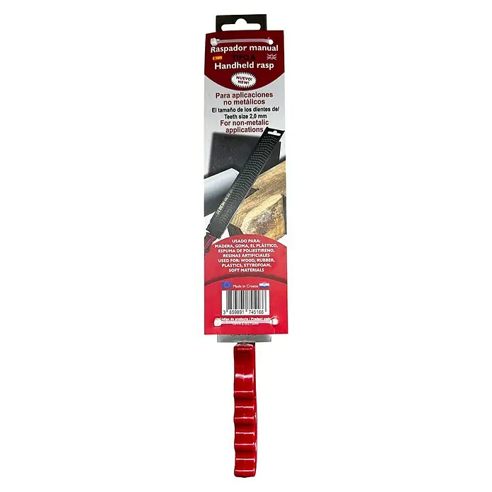Roto Kruna Escofina plana sin punta - Acero - Imagen de una escofina manual tipo A apta para madera, goma, plásticos y materiales blandos, con un tamaño de diente de 2,0 mm.
