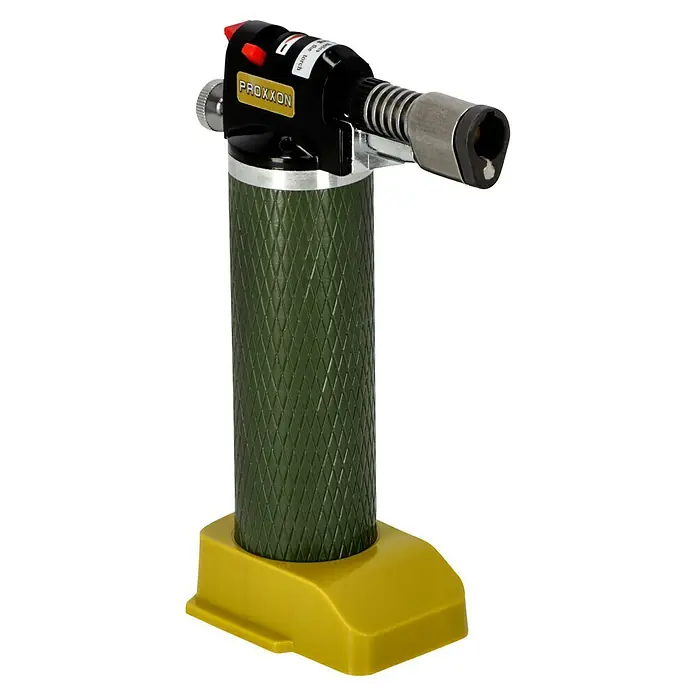Proxxon Brenner Microflam MFB/E -  - Ein Proxxon-Lötbrenner mit einem olivgrünen, gerändelten Griff und einem gelben Standfuß. Ideal für präzises Löten.