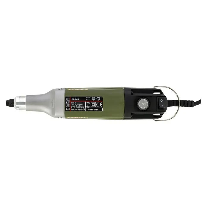Proxxon Micromot Industrie-Bohrschleifer-Set IBS/E - Leerlaufdrehzahl: 5.000 U/min - 20.000 U/min, 100 W - Nahaufnahme eines Proxxon IBS/E Präzisionsbohrschleifers mit Geschwindigkeitsregler und ergonomischem Design für feine Arbeiten.