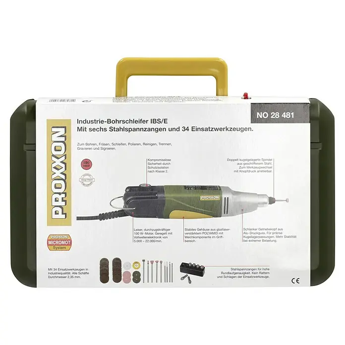 Proxxon Micromot Industrie-Bohrschleifer-Set IBS/E - Leerlaufdrehzahl: 5.000 U/min - 20.000 U/min, 100 W - Abbildung eines Proxxon Industrie-Bohrschleifers IBS/E mit sechs Stahlspannzangen und 34 Einsatzwerkzeugen, verpackt in einem robusten Koffer.