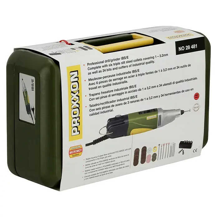 Proxxon Micromot Industrie-Bohrschleifer-Set IBS/E - Leerlaufdrehzahl: 5.000 U/min - 20.000 U/min, 100 W - Proxxon IBS/E Präzisionsbohrschleifer im Koffer. Das Set enthält 34 Zubehörteile für industrielle Qualität, ideal für feine Arbeiten.