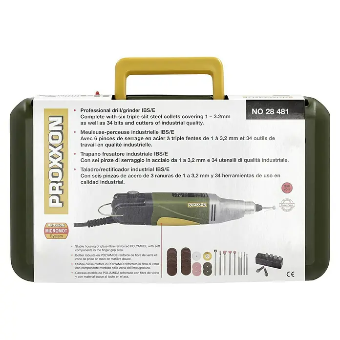 Proxxon Micromot Industrie-Bohrschleifer-Set IBS/E - Leerlaufdrehzahl: 5.000 U/min - 20.000 U/min, 100 W - Bild einer PROXXON IBS/E Bohrmaschine/Schleifmaschine mit Zubehör in einem olivgrünen Koffer mit gelbem Griff.