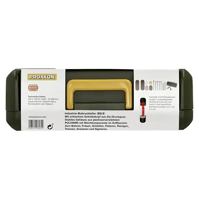 Proxxon Micromot Industrie-Bohrschleifer-Set IBS/E - Leerlaufdrehzahl: 5.000 U/min - 20.000 U/min, 100 W - Industrieller Bohrschleifer IBS/E von Proxxon, komplett mit 34 Werkzeugen in Industriequalität und sechs Stahlspannzangen.
