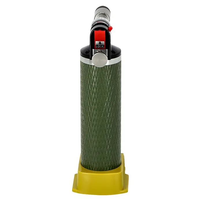 Proxxon Brenner Microflam MFB/E -  - Nahaufnahme einer Lötlampe mit olivgrünem, rautenmusterförmigem Griff und gelbem Sockel. Ideal für Heimwerker und Profis.
