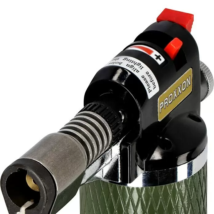 Proxxon Brenner Microflam MFB/E -  - Schwarz-olivgrüne Gaslötlampe mit silberner Düse und roten Akzenten. Mit "PROXXON"-Marke.