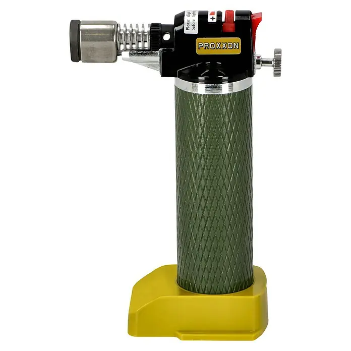 Proxxon Brenner Microflam MFB/E -  - Der Proxxon Lötbrenner ist ein robustes Werkzeug mit olivem Griff und gelbem Standfuß, ideal für präzise Lötarbeiten und punktgenaues Erhitzen.